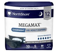 NorthShore MegaMax Adult Overnight Diapers, 12-Hour Tab-Style, Small, 10 Count Bag, Black, 24-34 inches, Unisex Incontinence Underwear