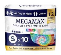 NorthShore MegaMax Adult Overnight Diapers, 12-Hour Tab-Style, Small, 10 Count Bag, Tie-Dye, 24-34 inches, Unisex Incontinence Underwear