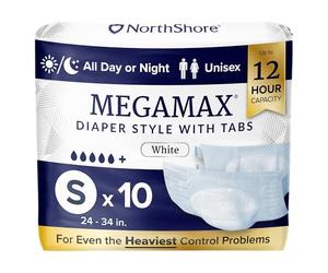 NorthShore MegaMax Adult Overnight Diapers, 12-Hour Tab-Style, Small, 10 Count Bag, White, 24-34 inches, Unisex Incontinence Underwear