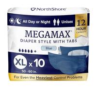 NorthShore MegaMax Adult Overnight Diapers, 12-Hour Tab-Style, X-Large, 10 Count Bag, Blue, 50-60 inches, Unisex Incontinence Underwear
