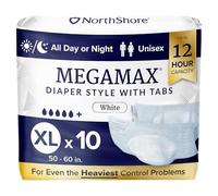 NorthShore MegaMax Adult Overnight Diapers, 12-Hour Tab-Style, X-Large, 10 Count Bag, White, 50-60 inches, Unisex Incontinence Underwear