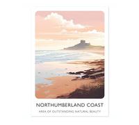 Northumberland Coast England Travel Poster, Areas Of Natural Beauty Modern Illustration Print, Britain Picture, Modern UK Living Room Decor, A4 (Print Only) - 29.7x21cm