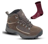 Northwest Territory Ladies Victoria Lace Up Suede Leather Upper Waterproof Walking/Hiking Trekking Camping Boot with Assorted Socks, Brown, 6