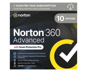 Norton 360 Advanced | 10 Devices | 1 Year | Windows, Mac, Android, IOS