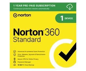 Norton 360 Standard | Annual Subscription | 1 Device | The Latest Version