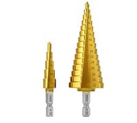 NORTOOLS Step Bits Set,2 PCS High Speed Steel TiN Coated Drills Cone Drill Bits with 1/4 inch Hex Shank Multi Hole Stepped Up Bits for Wood,，Metal,Stainless Steel,Carpenters DIY lovers