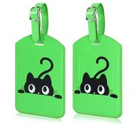 Norvens 2 Pack Travel Luggage Tags, Address Label Green PU Leather Black Cat Design Various Suitcases/Backpacks Protects Personal Info Excellent Travel Choice