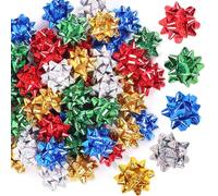 Norvens 50 Pcs Gift Bows, 5CM Holographic Christmas Bows for Gift Wrapping, Self-Adhesive Decorative Bows Ribbon in 5 Colors (Blue, Gold, Green, Silver, Red) for Present Party Decor