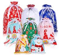 Norvens Christmas Drawstring Gift Bags, 30Pcs Xmas Wrapping Gift Bags with Ribbon, 8 Designs 4 Sizes Large Medium Small for Christmas Presents Holiday Party Birthday Gifts