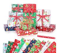 Norvens Christmas Wrapping Paper 10 Sheets 70x50cm Glossy Gift Wrap with Red Ribbon Festive Designs with Santa Reindeer Snowflakes Candy Canes Christmas Trees for Gift Packaging