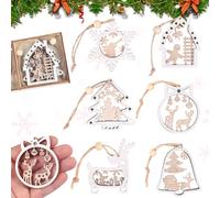 Norvens Wooden Ornaments 6 Pieces - Hollow Carved Elk and Snowflake Hanging Decorations for Christmas Tree