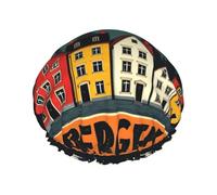 Norway Bergen Houses Printed Large Shower Cap, Double Layer Hair Protector For Facial Care, Reusable Hair Wrap