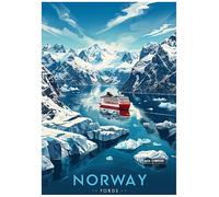 Norway Fjords Travel Poster Featuring Majestic Icebergs And Cruise Ship - Retro Europe Travel Poster A4 Size Vintage Wall Art Print of Famous European Destinations Ideal for Home or Office Decor