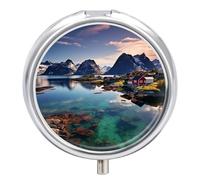 Norway Islands Pill Box 3 Compartment Travel Pill Organizer with Small Mirror Portable Pillcase for Pocket & Purse Cute Round Medicine Case Weekly Medicine Container