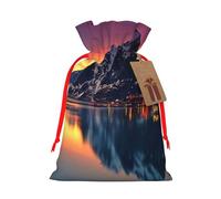 Norway Islands Printed Christmas Drawstring Bags with Red Ribbon - Reusable Burlap Drawstring Gift Pouches, M