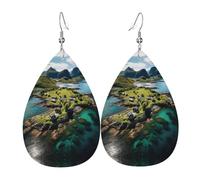 Norway Islands Printed Dangle Leather Earrings, Reversible Statement Jewelry with Silver Plated Hooks