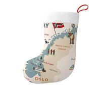 Norway Map With Various Icons Christmas Stocking 17.7", Festive Hanging Sock for Fireplace Mantel, Holiday Decorations