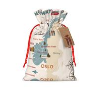 Norway Map With Various Icons Print Holiday Burlap Gift Bag With Drawstring, Small Party Favor Pouches For Christmas Gifting-S Size