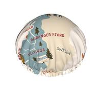 Norway Map With Various Icons Print Large Waterproof Shower Bonnet For Women Long Hair, Washable Elastic Band Bath Hair Hat