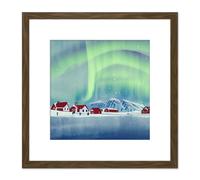 Norway Northern Lights Snow Mountain Vibrant Sky Winter Red Houses Village Square Wooden Framed Wall Art Print Picture 8X8 Inch Artery8 Brown One Size