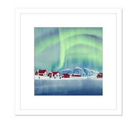 Norway Northern Lights Snow Mountain Vibrant Sky Winter Red Houses Village Square Wooden Framed Wall Art Print Picture 8X8 Inch Artery8 White One Size