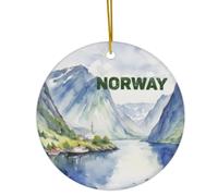Norway Ornament - Norwegian Fjord Landscape Souvenir Keepsake - 2.75” Double Sided Round Glossy Ceramic Norway Christmas Ornament with Gold Hanging String - Scandinavia Travel Gift & Vacation Memory