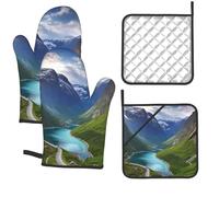 Norwegian Fjords Oven Mitts and Pot Holders 4-Piece Set, Extended Kitchen Gloves and Pan Racks, Heat Resistant Oven Gloves Hot Pads Non-Slip Cooking Gloves Potholders Gifts for Women