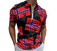 Norwegian Flag And Deer Zipperer Polo Shirts for Men Collar Short Sleeve Tees Tops Classic Casual Shirts M