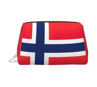 Norwegian Flag Print Leather Cosmetic Pouch, Leather Makeup Bag for Purse with Top Zip Closure Stylish Toiletry Bag
