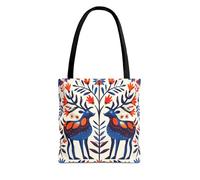 Norwegian Folk Bird Pattern Tote Bag, Scandinavian Style Shopping Bag, Nordic Inspired Shoulder Bag, Folk Art Tote, Black, 18" × 18''