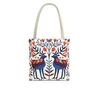 Norwegian Folk Bird Pattern Tote Bag, Scandinavian Style Shopping Bag, Nordic Inspired Shoulder Bag, Folk Art Tote, Beige, 16" × 16''