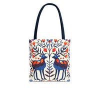 Norwegian Folk Bird Pattern Tote Bag, Scandinavian Style Shopping Bag, Nordic Inspired Shoulder Bag, Folk Art Tote, Navy, 16" × 16''