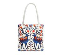 Norwegian Folk Bird Pattern Tote Bag, Scandinavian Style Shopping Bag, Nordic Inspired Shoulder Bag, Folk Art Tote, White, 16" × 16''