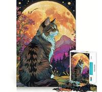 Norwegian Forest Cat Full Moon Jigsaw Puzzles for Adults 1000 Piece Mind Puzzle Slow Enjoy Image Assembly Perfect Present (38x52cm)
