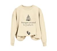 Norwegian Pullover Plain Hoodie for Women with English Letter "Bumpin Around The Christmas Tree" Print Long Sleeve Casual Off Shoulder Sleeveless (1) Women Pullover Summer, beige, XL