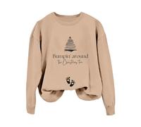 Norwegian Pullover Plain Hoodie for Women with English Letter "Bumpin Around The Christmas Tree" Print Long Sleeve Casual Off Shoulder Sleeveless (1) Women Pullover Summer, khaki, XXL