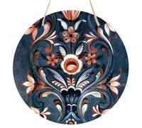 Norwegian Rosemaling Folk Style Round Wooden Hanging Sign for Home Office Wall Art Decor Door Hanger Gift 8×8 Inches