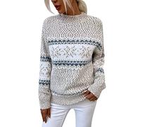 Norwegian Sweater Women's Autumn Knitted Long Sleeve Winter Sweater Warm Fairisle Pattern Sweatshirt Round Neck Jumpers Crochet Sweaters Women's Festive Tops Beige S
