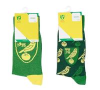 Norwich City Twin Pack Socks | Adult 'The Canaries' Green & Yellow Crest Patterned Fan Socks | Licensed Merchandise, UK Size 4-7