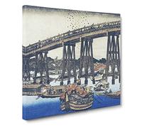 Noryo Cooling Off at Ryogoku Bridge by Utagawa Hiroshige Asian Japanese Canvas Wall Art Print Ready to Hang, Framed Picture for Living Room Bedroom Home Office Décor, 14x14 Inch (35x35 cm)