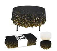 NORZEE 12-Pack Black Disposable Plastic Tablecloths, 84" Plastic Table Cloth, Round Table Cover, Round Plastic Tablecloth Disposable Black Gold CONFETY