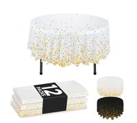 NORZEE 12-Pack White Disposable Plastic Tablecloths, 84" Plastic Table Cloth, Round Table Cover Gold CONFETY (12, White Gold)