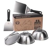 Norzn Brothers® Smash Burger Kit - Hamburger Smasher, 2 Glass-Top Domes, Griddle Spatula & Auxiliary Spatula, Stainless Steel 304, Food Contact Certified, 10-Year Warranty