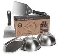 Norzn Brothers® Smash Burger Kit - Smash Burger Press in BQ Spatula, Griddle Scraper, 2X Metal Cloche, Grill Press Burger Smasher Press Stainless Steel 304, Food-Grade Material, 10-Year Warranty