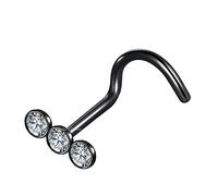 Nose Stud 3 Clear Gem Curve Screw Hook Stainless Steel Nostril Body Piercing Jewellery (Black)