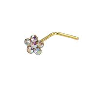 Nose Stud 925 Sterling Silver Gold Flower Clear And AB Crystal Gem L Bend Shape Nostril Piercing (Gold - AB)