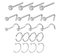 Nose Studs Hypoallergenic Stainless Steel, 20 Pieces Nose Studs, Nose Stud Screws with Cubic Zirconia, Nose Piercing Jewellery, for Daily Work Body Piercing, Silver, 5 styles