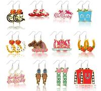 Nosiny 12 Pairs Derby Race Horse Earrings for Women Horse Horseshoe Earrings Derby Hat Rose Flower Drop Dangle Earrings Horse Riding Suit Earrings Jewelry Gifts for Derby Party Horse Racing Fan, about