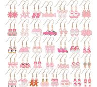 Nosiny 36 Pairs Pink Christmas Earrings Bulk Funny Weird Dangle Drop Earrings Variety Pack Cute Santa Snowflake Candy Jewelry Sets for Women Holiday Party Gifts