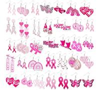 Nosiny 36 Pairs Wooden Breast Cancer Awareness Earrings Pink Ribbon Heart Butterfly Sunflower Earrings or Women Jewelry Cancer Survivor Gifts